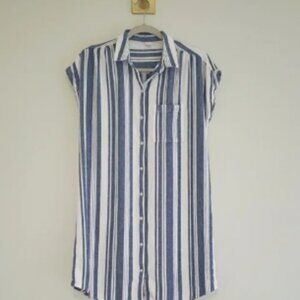 Old Navy Linen Blend Midi Shirtdress Medium Blue White Striped Coastal Beach